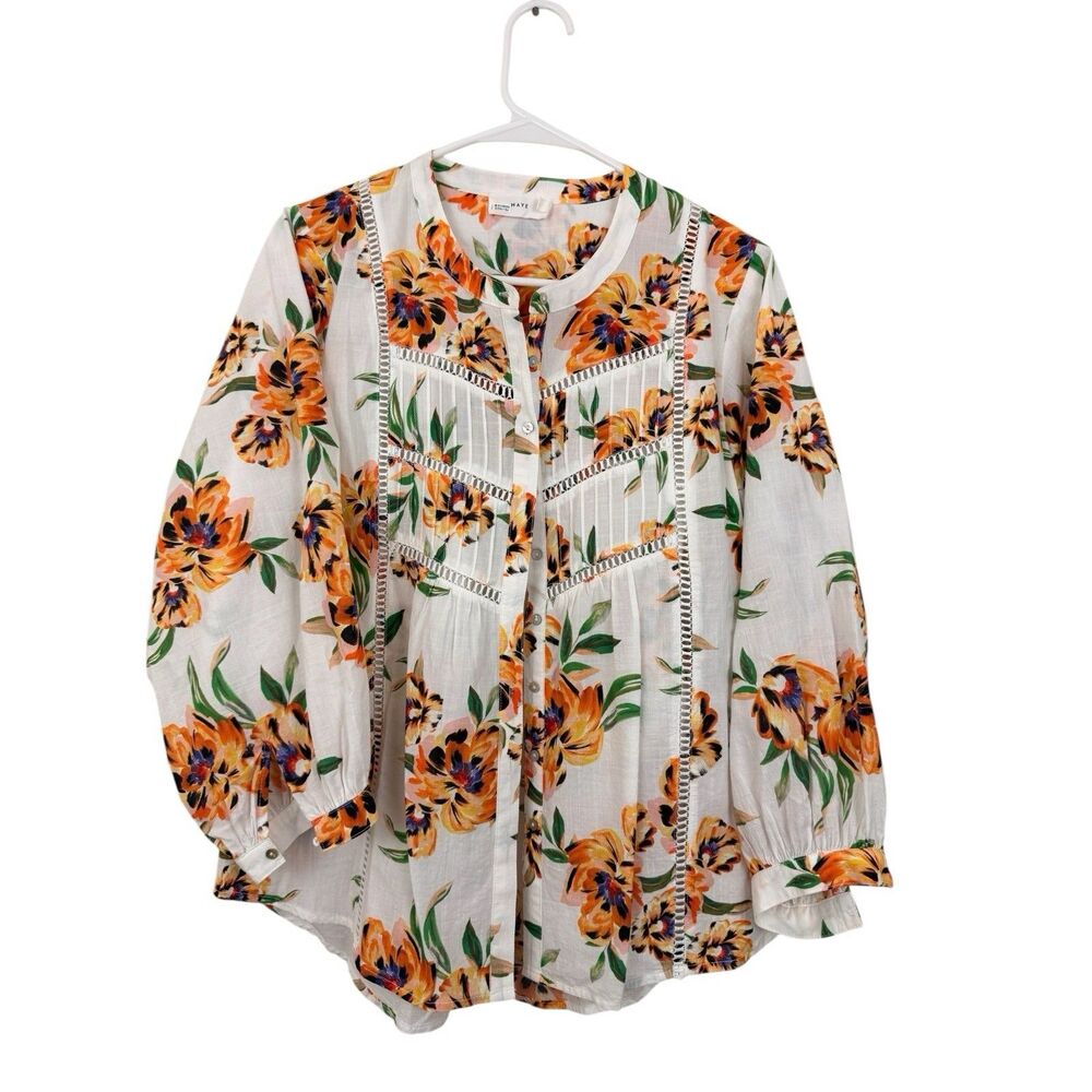 MAYE Paloma Shirt Sz Medium Cotton Lilah Floral Print Lightweight Ladder Lace
